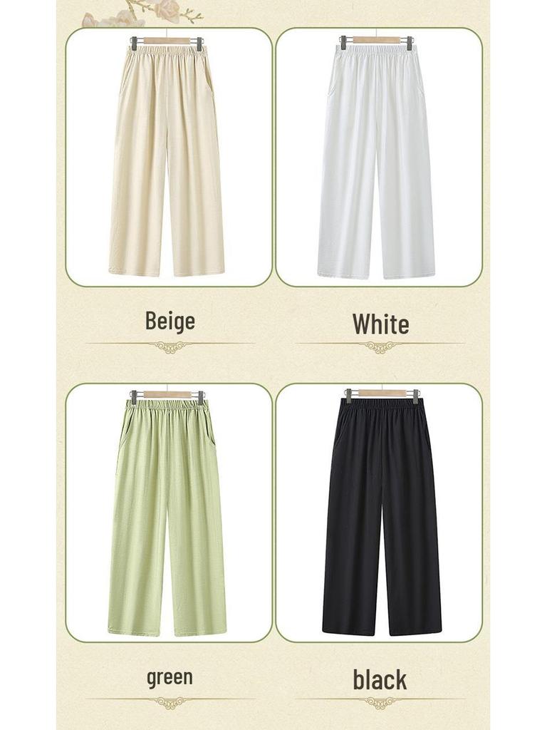 Women's Cotton-Linen Wide-Leg Mom Pants - Summer Lightweight, Loose-Fit, Nine-Point Length