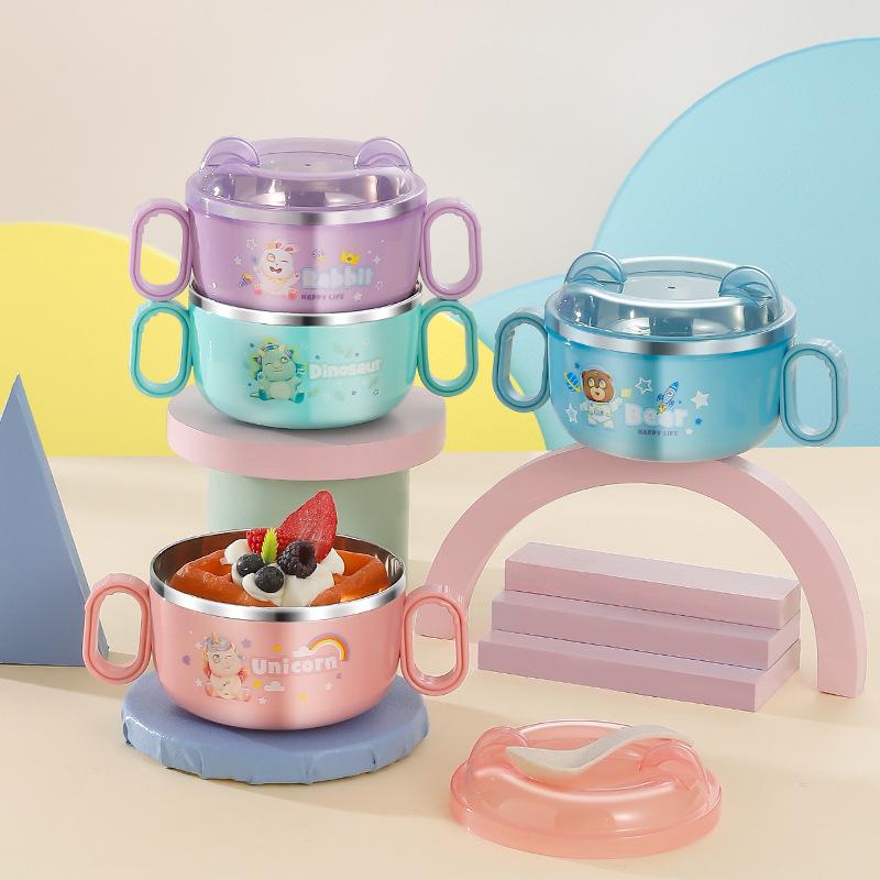 304 Stainless Steel Anti-fall Children's Bowl with Lid, Double Ear, Cute Cartoon for Infants.