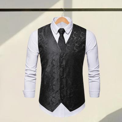 Yousheng Men Suit Vest with Tie Handkerchief V-Neck Sleeveless Single Breasted Sunflower Patterned Suit Jacket with Tie Pocket Business Wear