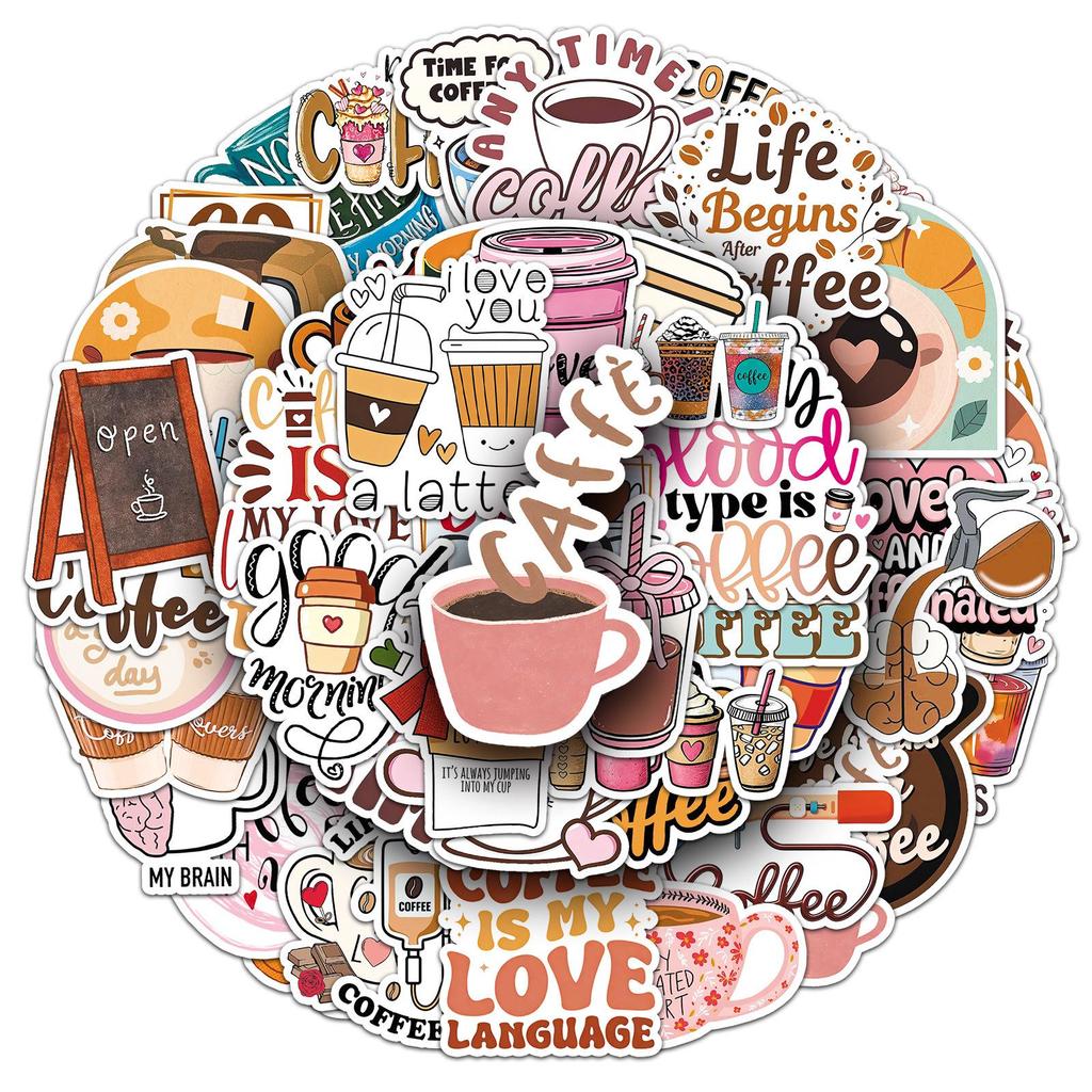 50 Coffee-Themed Doodle Stickers - Korean INS Style, Waterproof, Perfect for DIY Notebooks