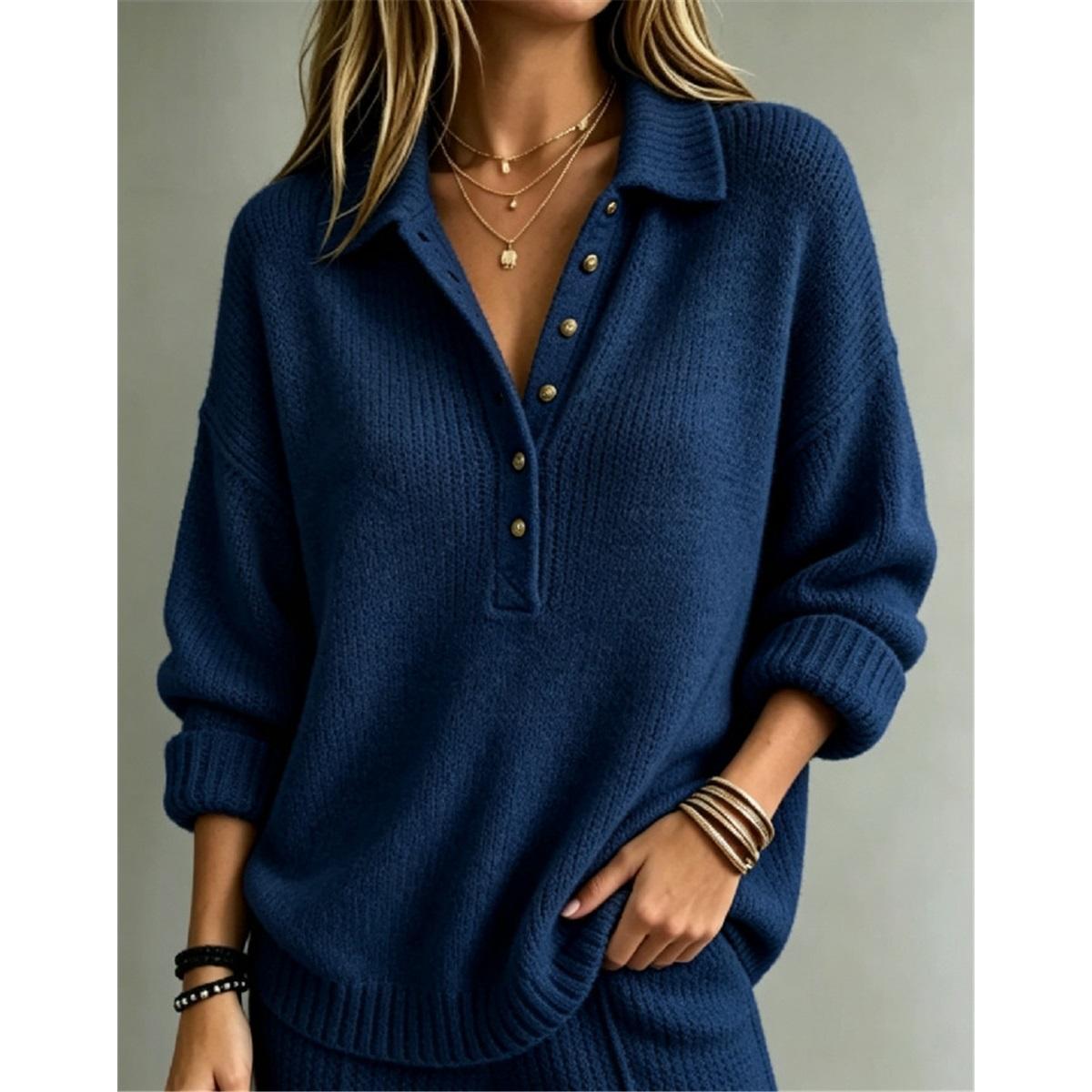 Damen Polo Kragen Halbe Knopfleiste Strickpullover Locker Oversized Pullover Freizeit XL blau