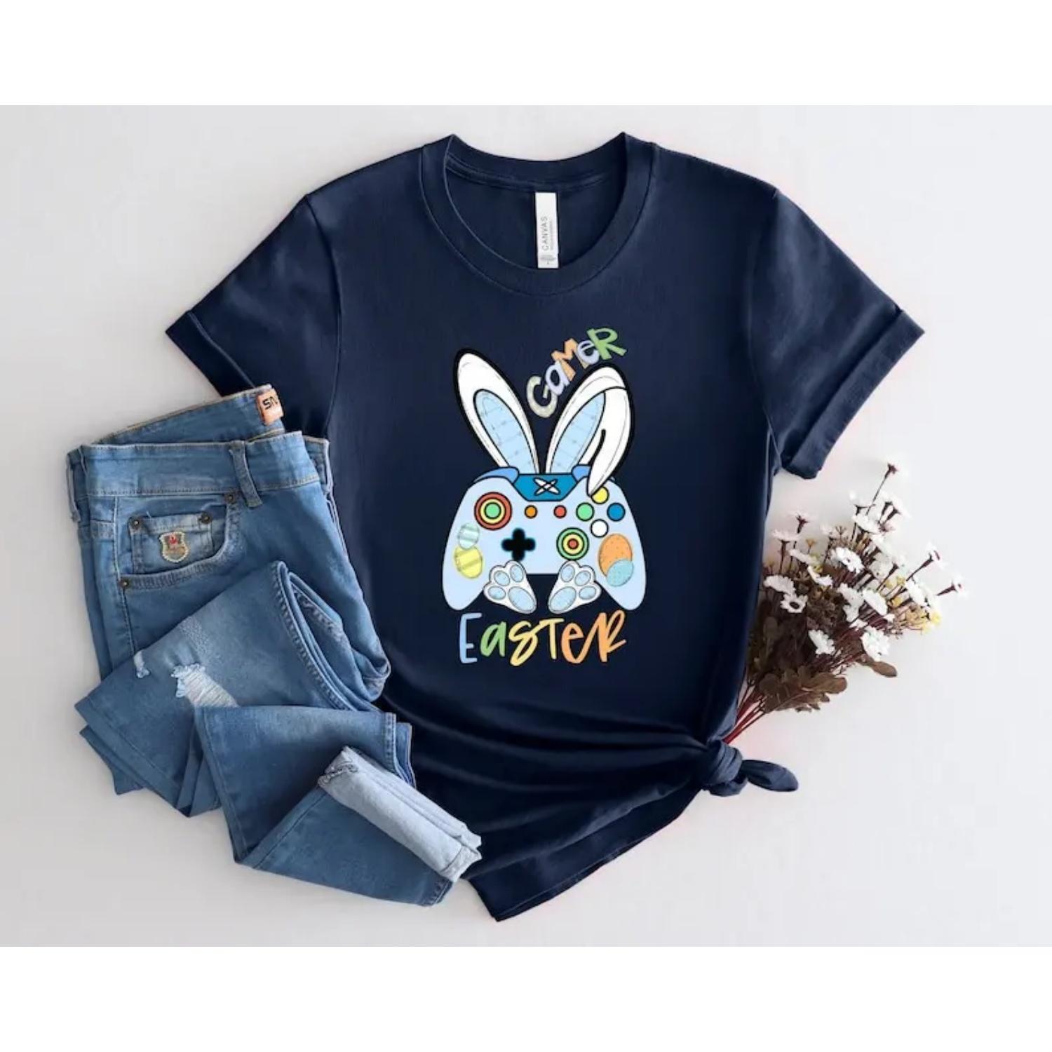 Retro Game Controller Bunny Shirt,Happy Easter T-Shirt,Funny Easter Bunny Shirts,Game Lover Easter Shirt,Easter Gifts S чёрный