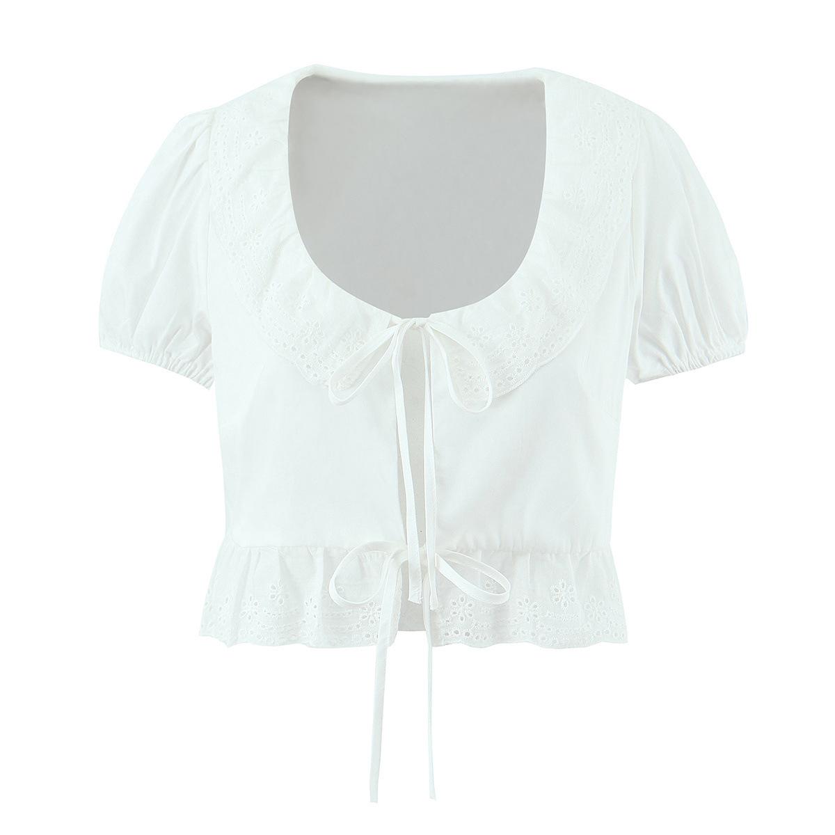 European and American style, new women s clothing, lace splicing wavy edge lace-up short bubble sleeve top S белый