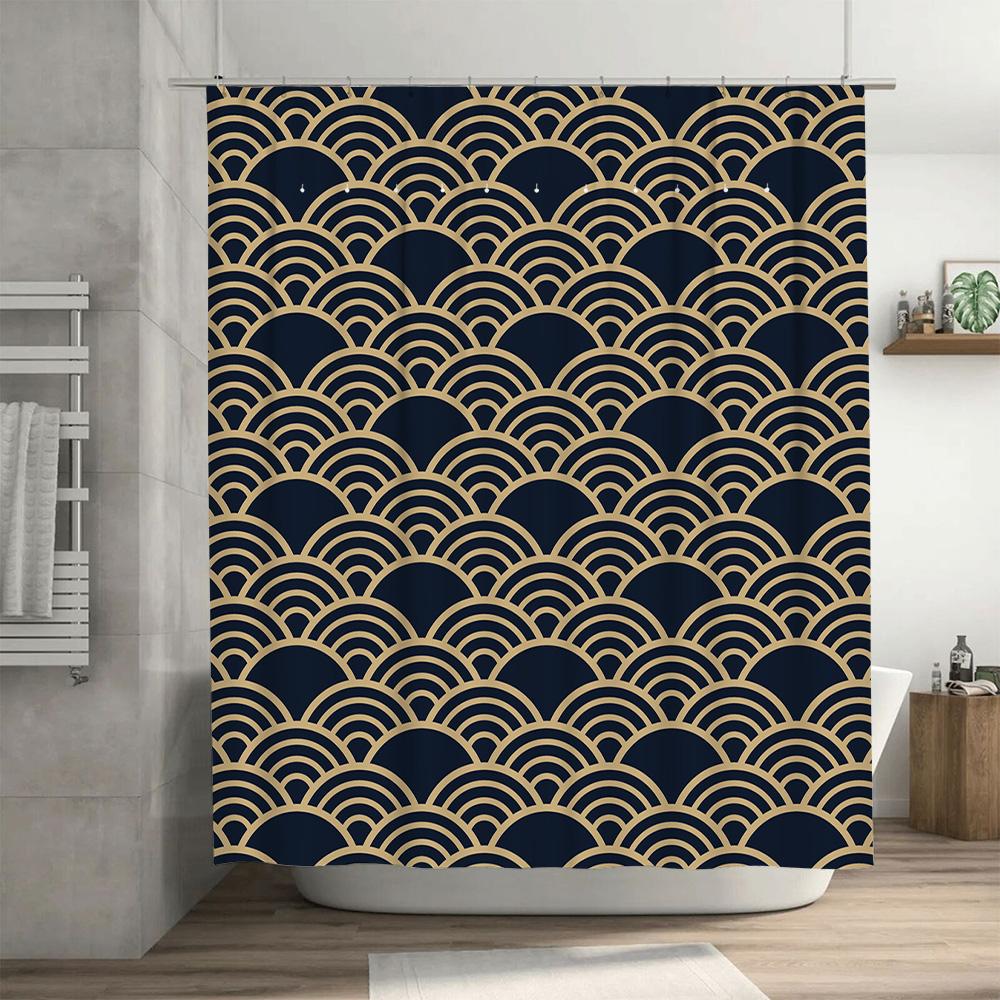 Modern Retro Waves Bath Curtain Elegant Navy Gold Shower Fabric Decor for Bathroom Accessories Polyester Waterproof Home Decorat