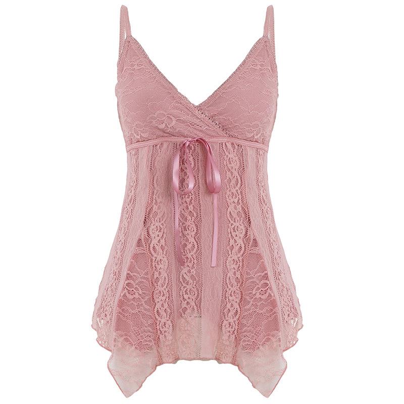 Sweet Girly Lace-up V-neck Pink Camisole - Pure Desire Large