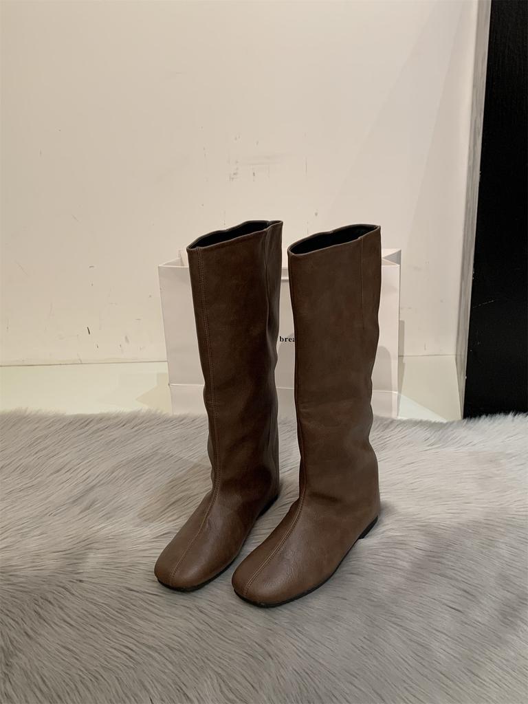 French Minimalist Sleeve Round Head High Boots New Flat Bottom Square Head Loose Knight Boots Women's Knee Boots
