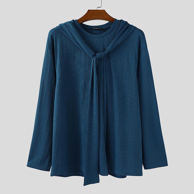 INCERUN Autumn Men Long Sleeve Hooded Texture Rib Shawl Casual Tops T-shirts