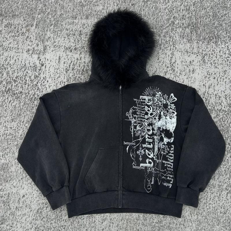 Harajuku Y2k Millennial Hottie Amerikanischer Retro Pelzkragen Patchwork Hoodie Reißverschluss Hoodie Damen Herbst/Winter Hip Hop Reißverschlussjacke