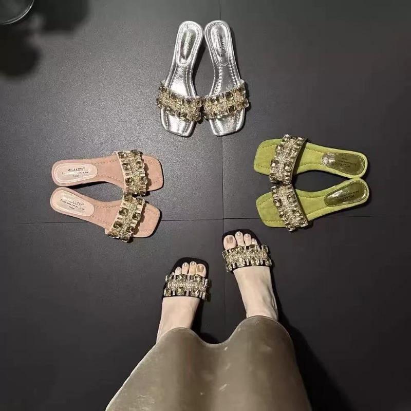 Slippers Women's Summer New Rhinestone Square Head Thick Heel Open Toe Wear Versatile High Heel Sandals