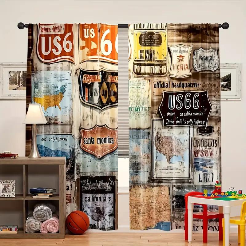 2pcs Retro US Route 66 Sign Printed Curtains, Designed for Light Filtering, Quality Material, Ideal for Vintage Style Home Windo
