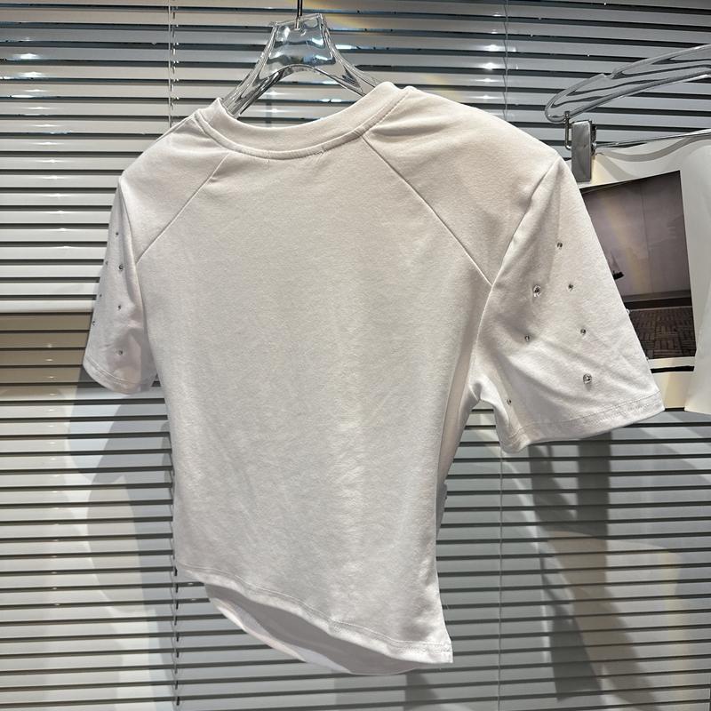 2025 Summer Rhinestone Padded Shoulder Crop T-Shirt