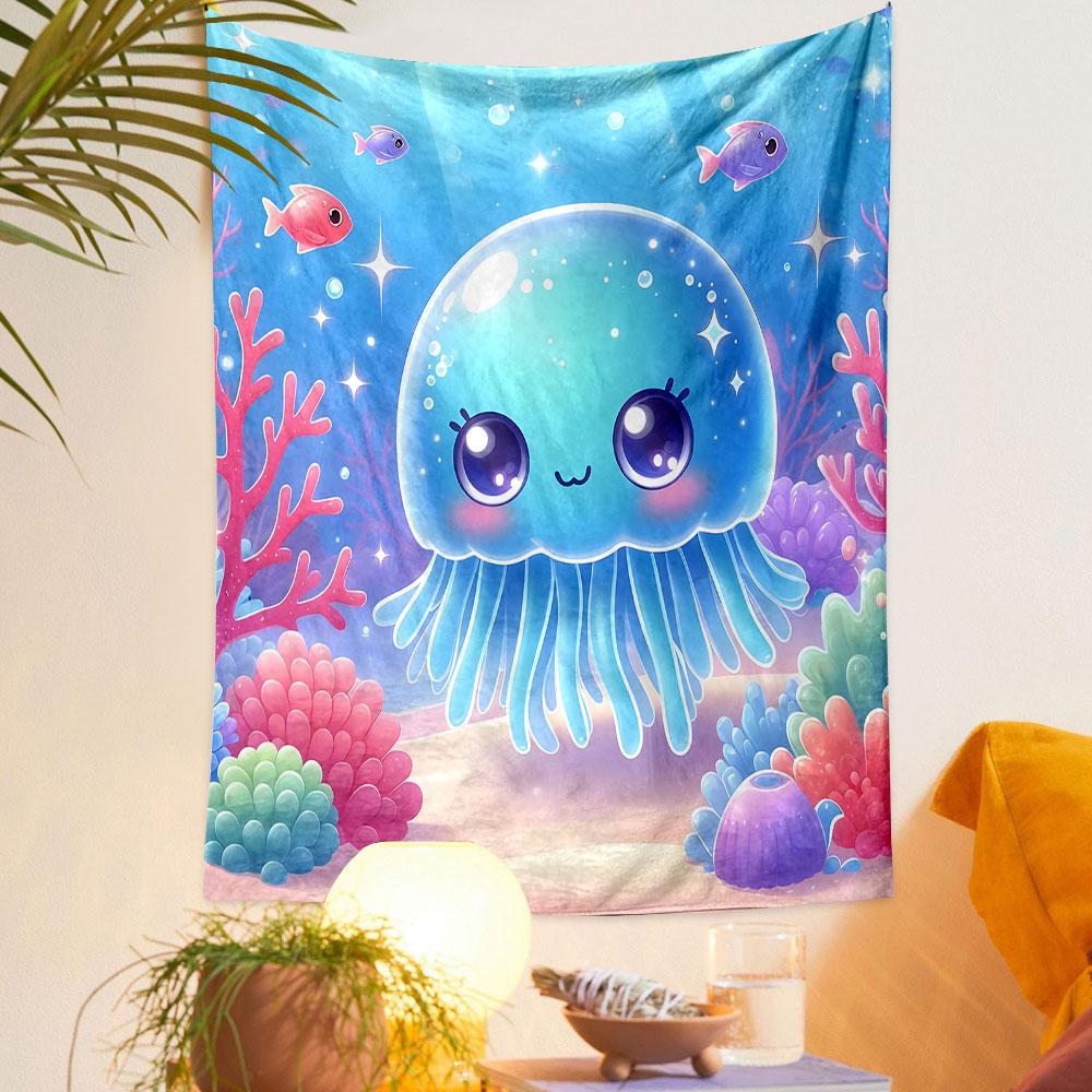 Cute Jellyfish Underwater Scene Patterned Tapestry Decorative Wall Hanging, Home Bedroom Living Room Decor