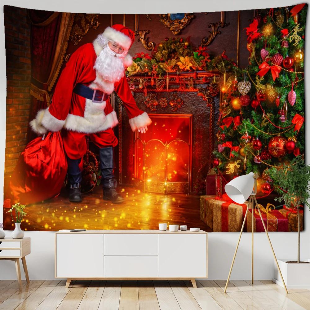 Neon Fireplace Tapestry Wall Hanging Christmas Tree Gift Socks New Year Atmosphere Background Cloth Witchcraft Home Decor