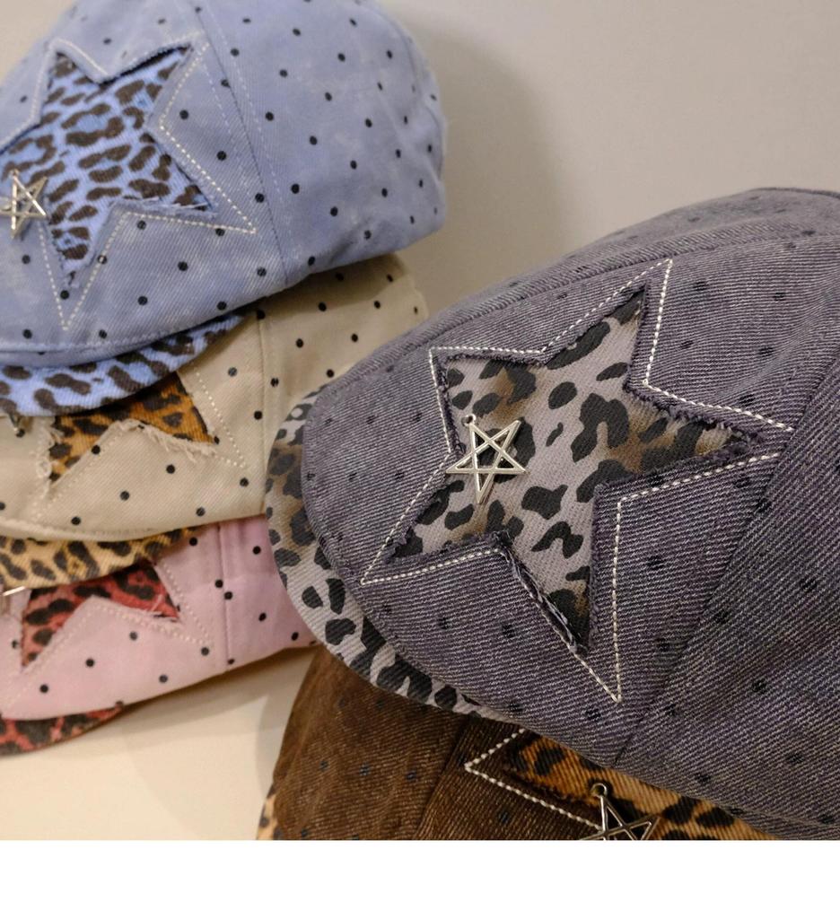 Women's Retro Distressed Denim Painter's Beret with Star Detail