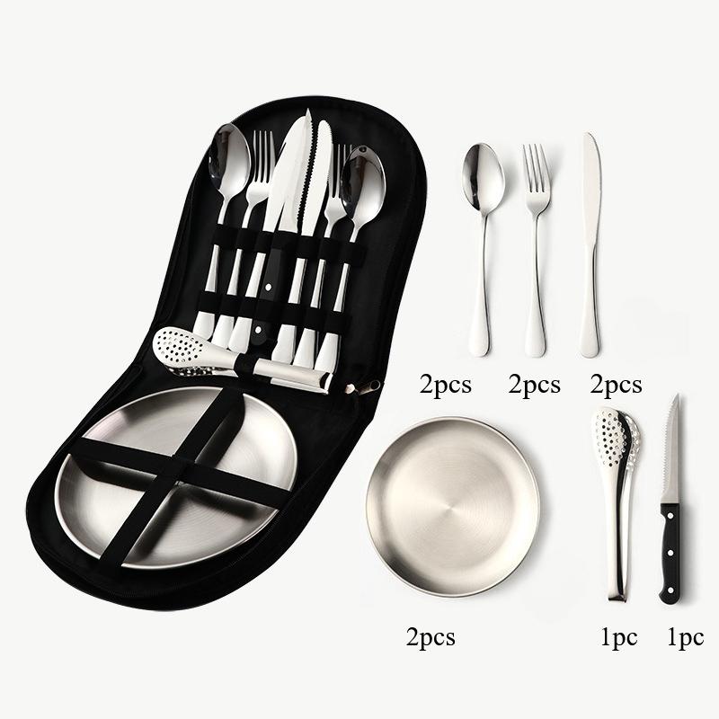 Stainless Steel Tableware Camping Picnic Barbecue Plate Clip Steak Knife Fork Spoon Set Portable Storage Bag 10 Pieces Cutlery