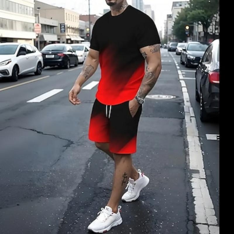 

Мужские комплекты из 2 футболок с градиентом, летние топы с коротким рукавом, короткие брюки с круглым вырезом, для спорта и отдыха, повседневные, повседневные, с 3D-принтом, летние, зеленые, красные, синие M