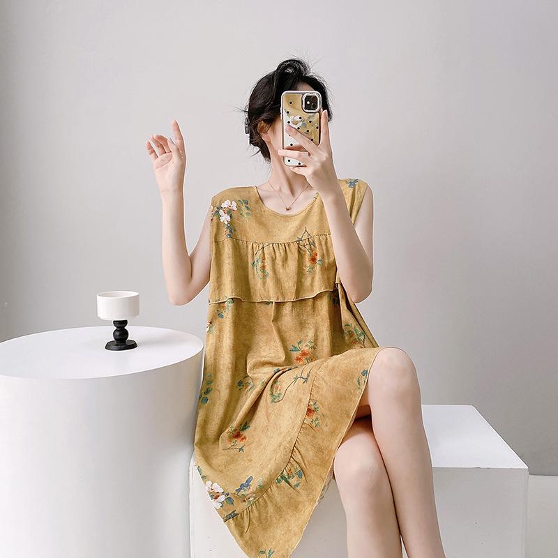 Ethnic vest women's nightgown summer thin cotton and silk loose artificial cotton loungewear casual suit thin skirt