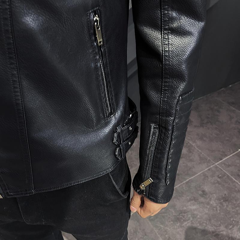 New Casual Motorcycle Windbreaker Zip Stand Collar Faux Leather Jacket Men Slim High Quality Fashion Men's Coat Streetwear