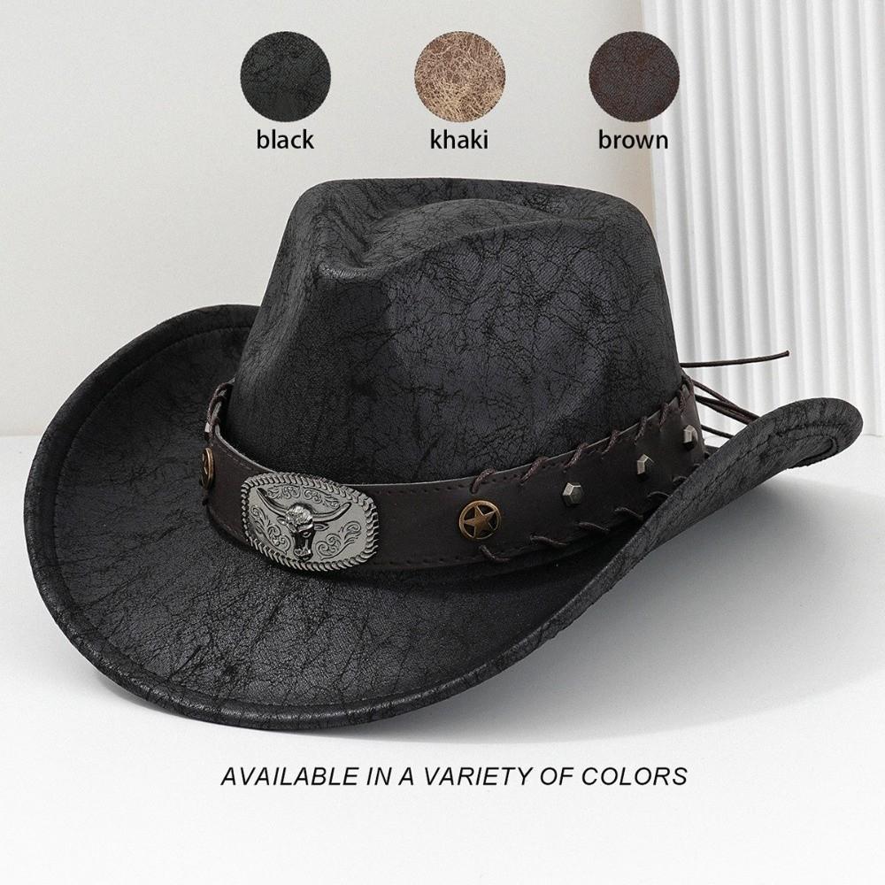 Faux Leather Cowgirl Hat Studded Bullhead Jazz Hat Trendy Sombrero Hat For Men Women