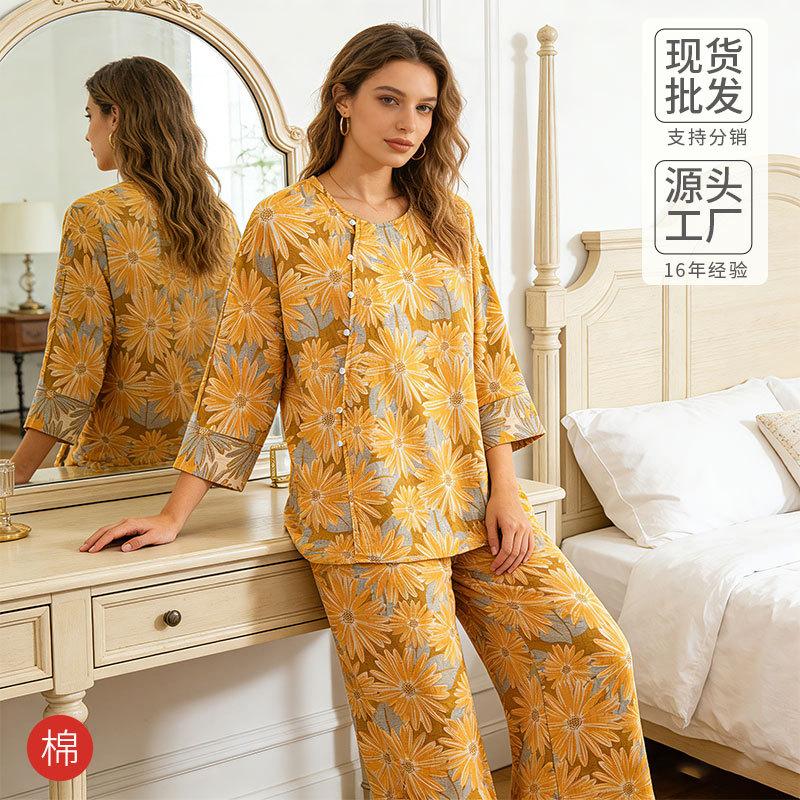 Seasonal new pajamas can be worn outside pure cotton women's autumn thin loose suits can be worn outside national style loungewear