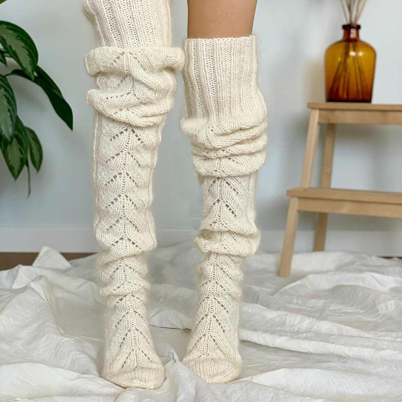 Women's Knitted Wool Over-the-Knee Scrunch Socks with Hollow Mesh Design for Autumn and Winter