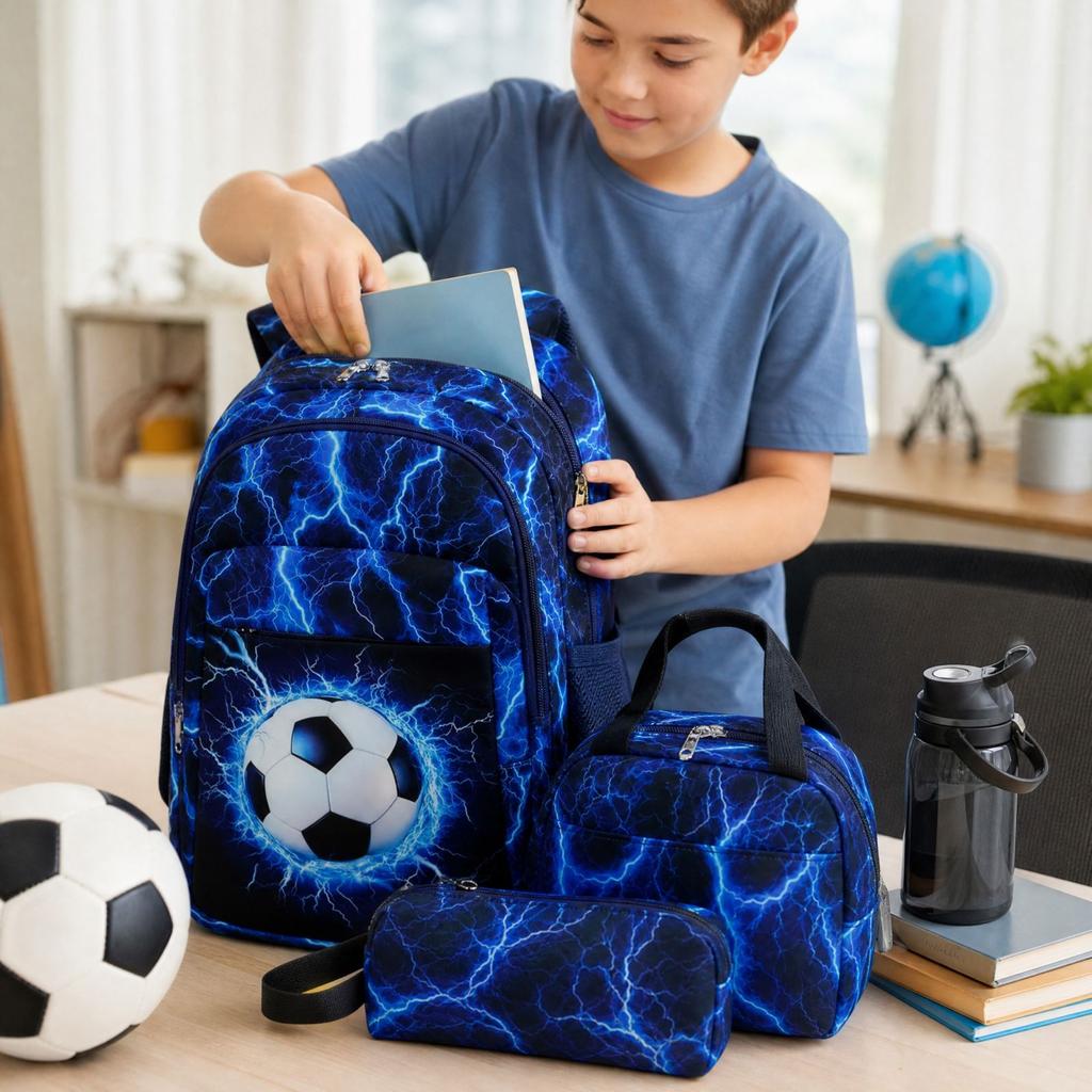Jongens Voetbal Rugzak Set 3-Delig met Meerdere Vakken, Lunchtas en Etui