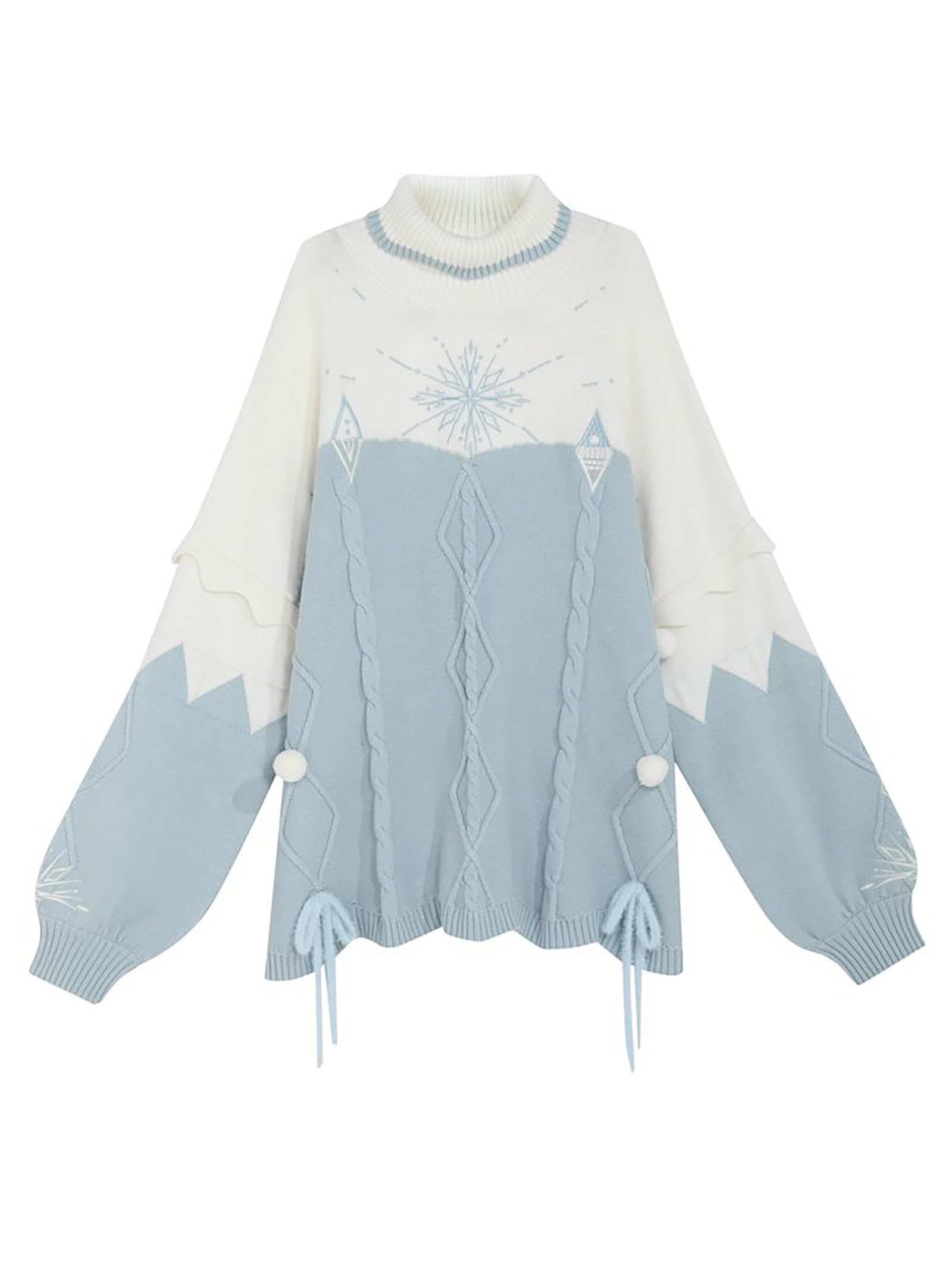 

XHSUKADO Light Blue High Neck Knit Sweater for and Long Sickly Korean Loose Plus Pompom Snowflake Subculture with Blue and Size Women s Spring,