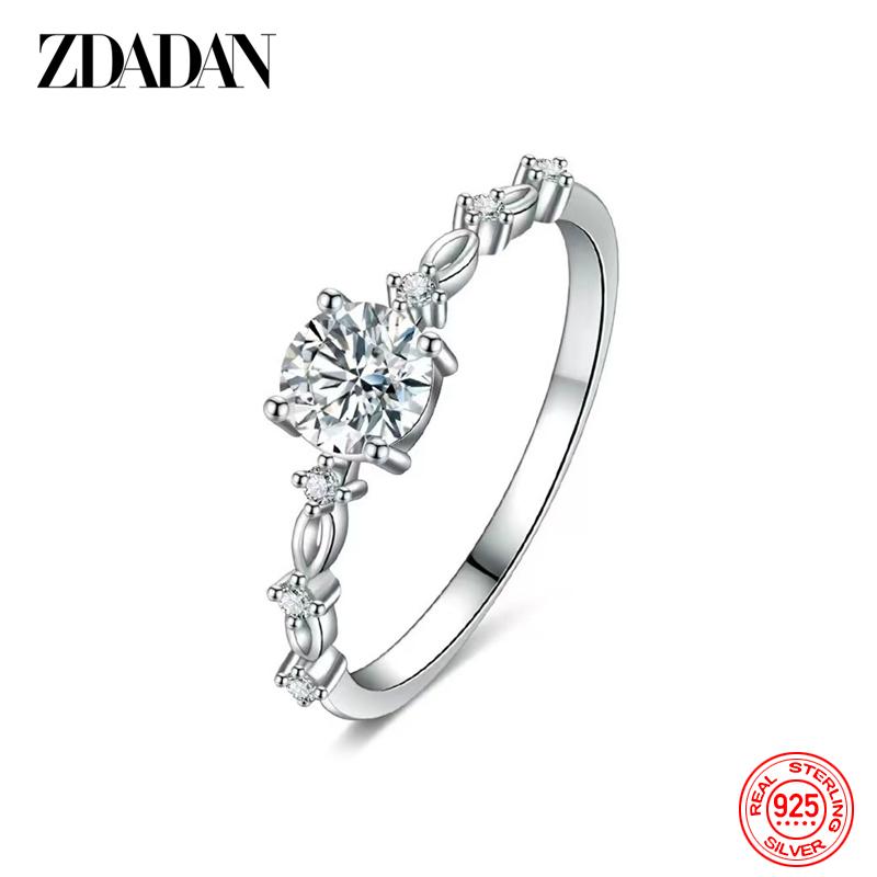 ZDADAN 925 Sterling Silver Simple 5mm Zircon Adjustable Ring for Women Fashion Jewelry