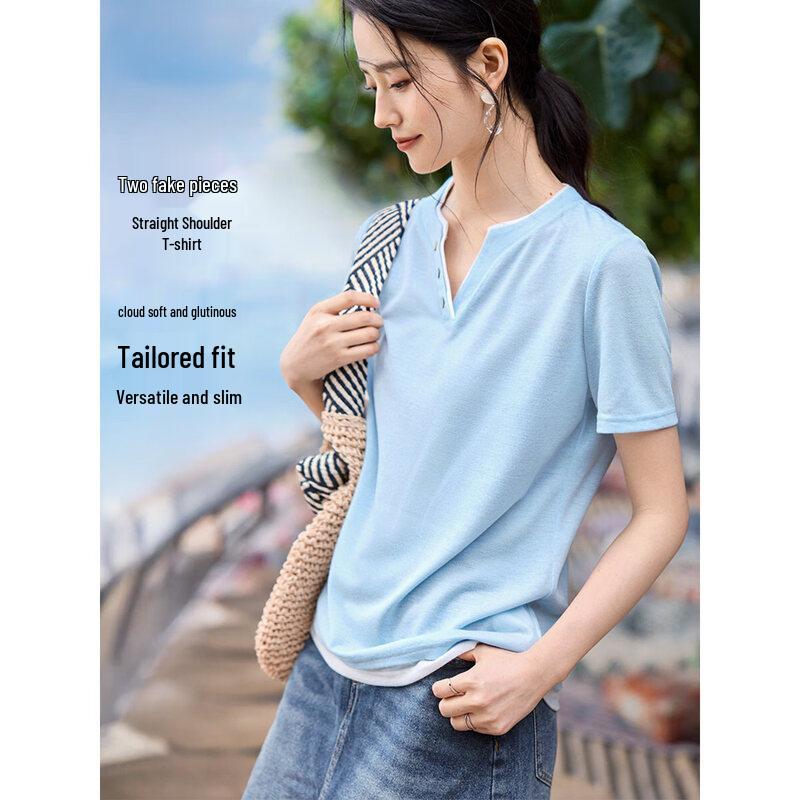 

XWI Women s Elegant Color Block Faux Two-Piece Textured T-shirt M