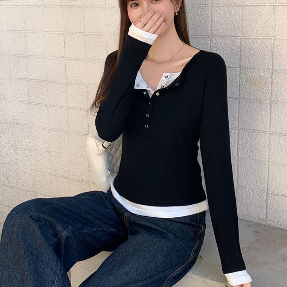 Patchwork Fake Two-Piece T-Shirt V-Neck Base Shirt Y2K Style Long Sleeve Top Casual Wear