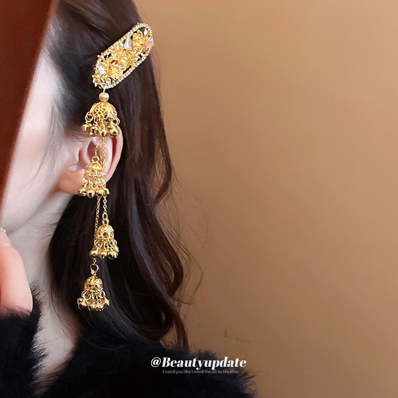 Ethnic style, diamond-encrusted flowers, bells, fringed hairpins, side duckbill clips, fashionable temperament, hair accessories, women