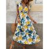 Abito Lungo Casual Estivo da Donna Scollo a V Manica Corta Stampato Floreale Abiti da Spiaggia per Vacanze da Donna Elegante Abito da Festa a Linea ad A