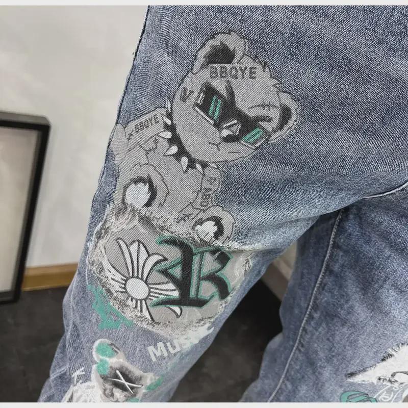 Jeans Azules Estampados Slim Fit para Hombre - Tendencia Verano 2023, Estilo Coreano