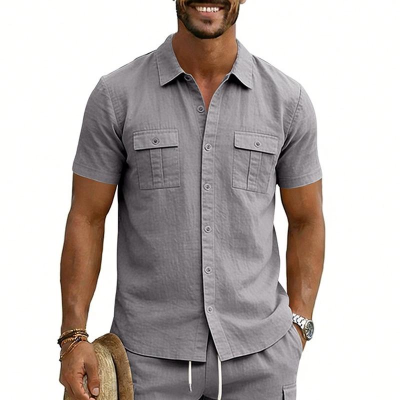 Cotton Linen Shirt Men Pocket Casual Beach Short Sleeve Solid Color Male Tops T-shirts Vintage Streetwear Comfort Casual Shirts