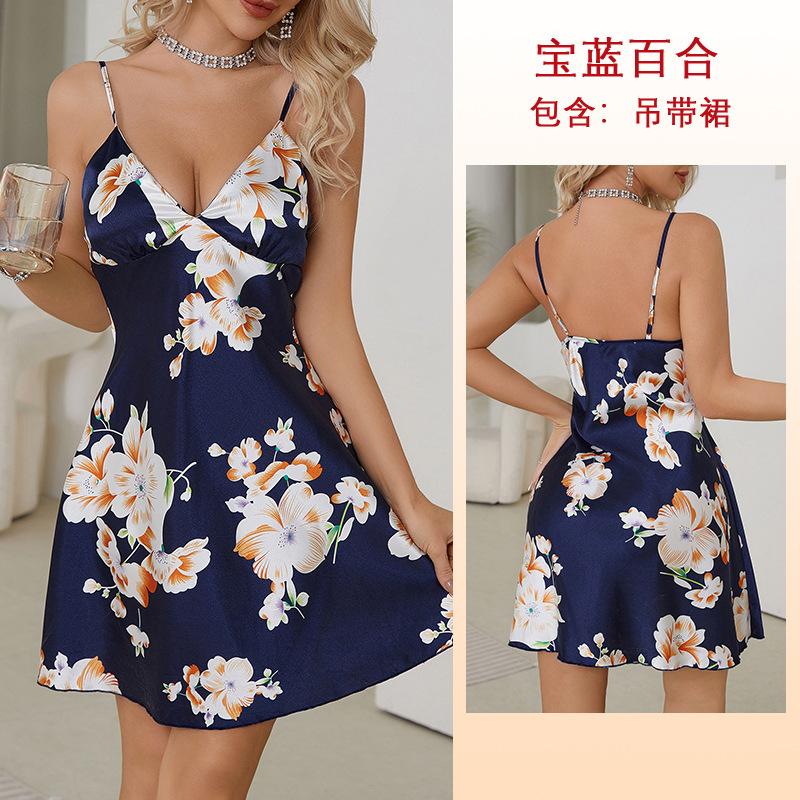 

Сексуальная французская шелковая пижама Ice Silk с большим цветком, сладкая пижама с подвязками S