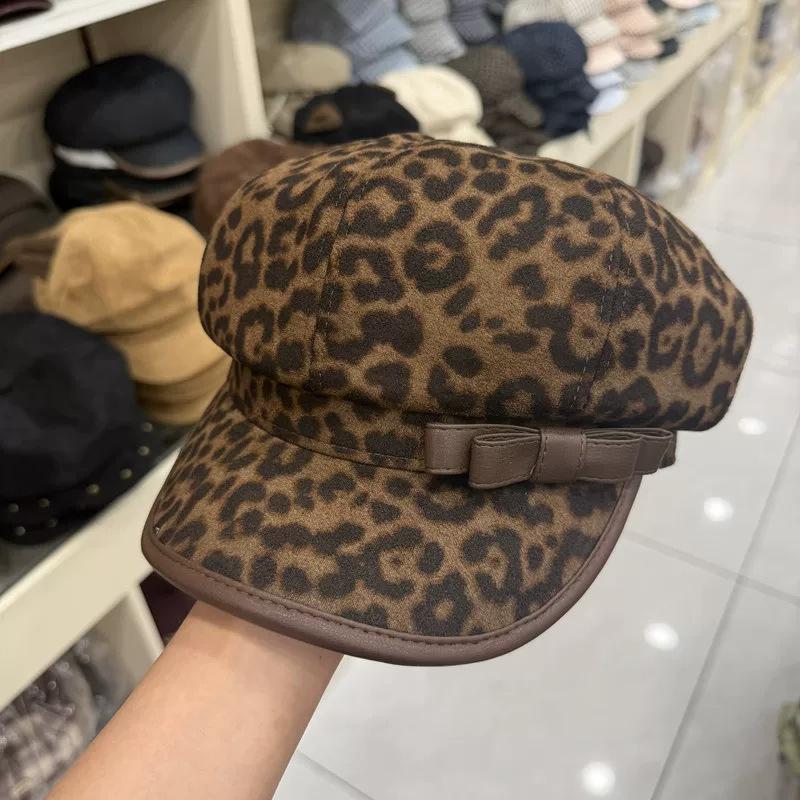Fashion Versatile Leopard Leopard Point Skinny Age Reducing Octagonal Hat Women's Autumn Warm Leather Cartoon Bow Cap
