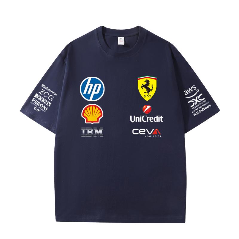 Herren und Damen Oversize Ferrari F1 Renn T-Shirt Klassischer Sponsoren Logo Druck Kurzarm Motorsport Lässig Streetwear Tee