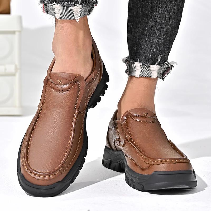 Fashion Male Thick Bottom Loafers Genuine Leather Business Shoes Slip-on Leather Mens Casual Shoes Senior Brand Male Walking Footwear