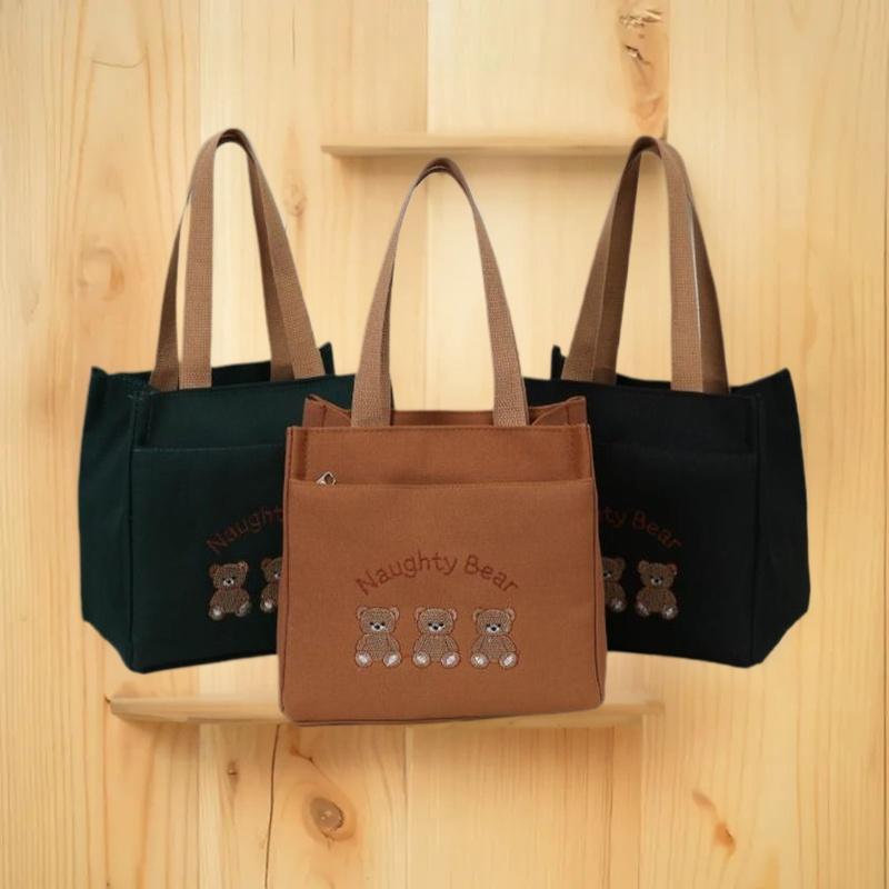 {MAX-66} Cute Small Bear Printed Canvas Versatile Handbag Commuter Office Worker Lunch Bento Tote Bag