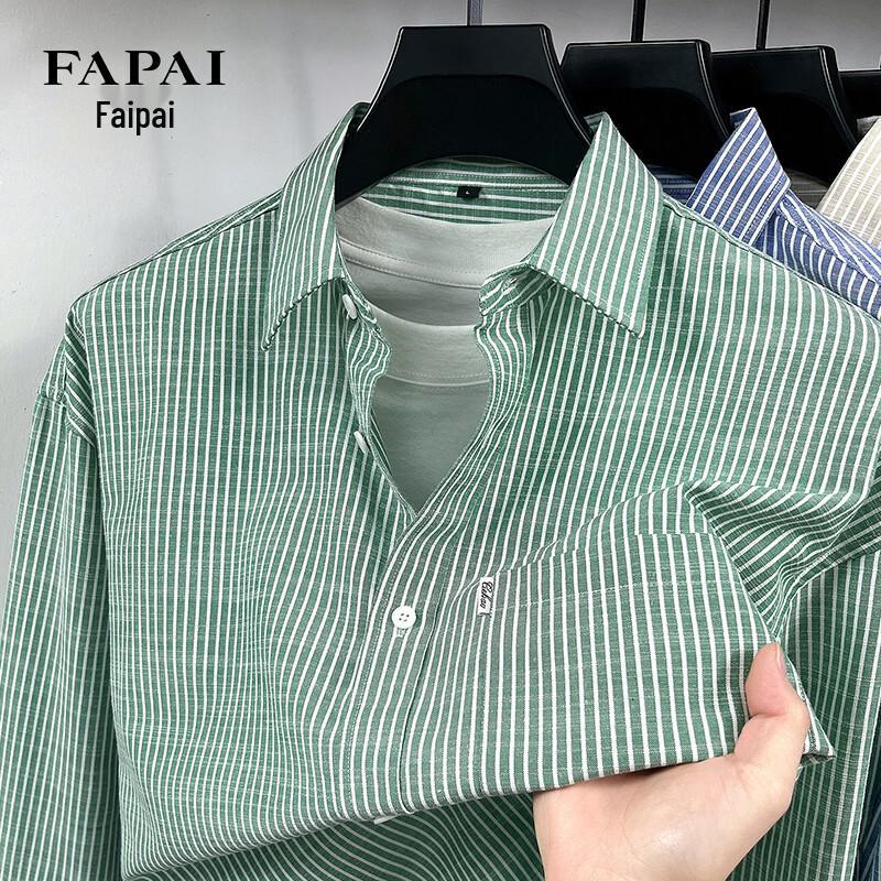 FAPAI Men's Striped Cotton Linen Blend Long Sleeve Shirt