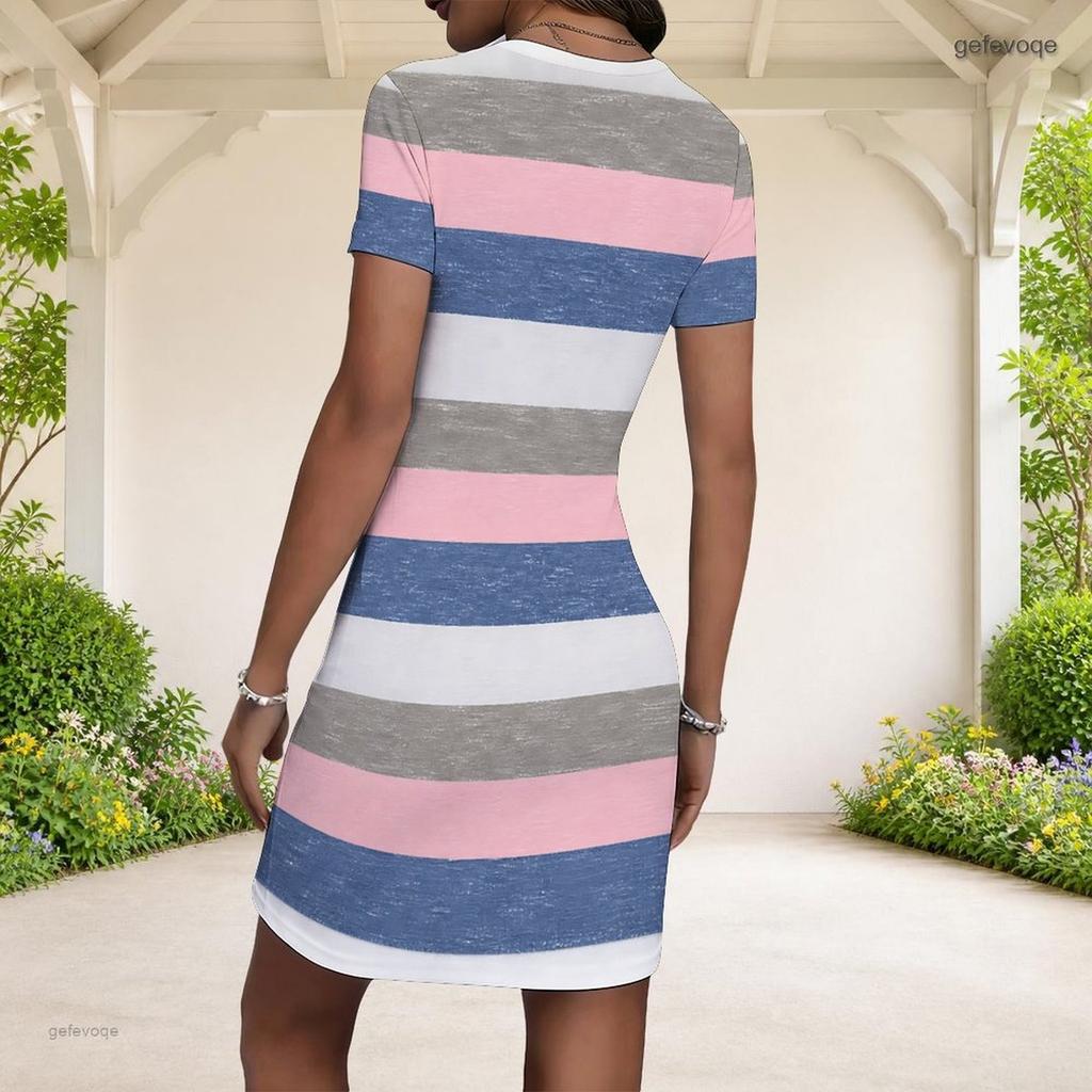Women Plus Size Round Neck Short Sleeve White Printed Fitted Mini Dress