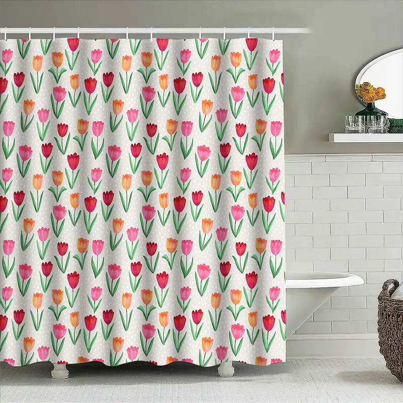 Floral Shower Curtain Botanical Tulip Flowers Pattern Waterproof Bathroom Decor Vintage Rustic Farmhouse Aesthetic Home Textile