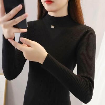 Winter Clothes Women Autumn Half High Collar Long Sleeve Knit Sweater Bottoming Shirt Stitching Thin Slim Top