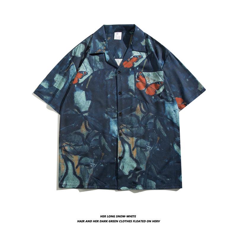 

Мужская модная тайская цветочная шелковая пляжная рубашка с коротким рукавом M