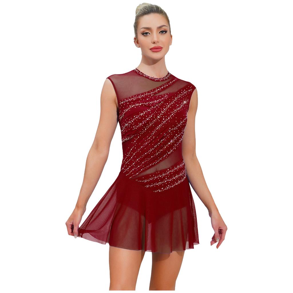Collant Vestido de Ginástica Ballet Dança Lírica para Mulheres Embelezado com Strass Saia de Malha Vestido Fantasia de Dança Moderna Contemporânea