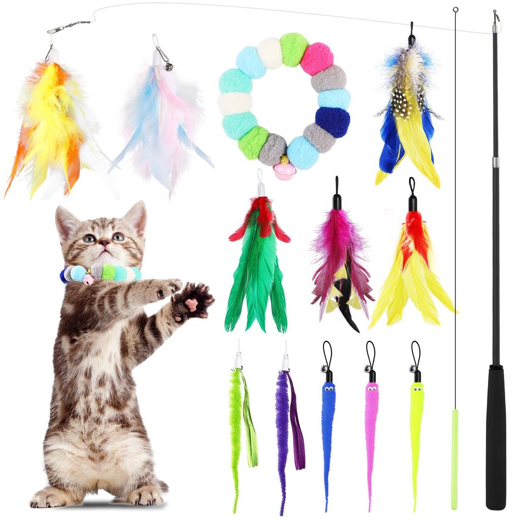 GeeRic 14-Piece Cat Toy Set with Natural Feathers, Dangler, and Retractable Fishing Rod, Indoor Game Equipment, Cat Supplies, and Cat Play
