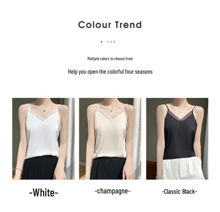 Silk Satin Women's Sleeveless V-Neck Mesh Spliced Camisole Vest - 2026 Spring/Summer Collection