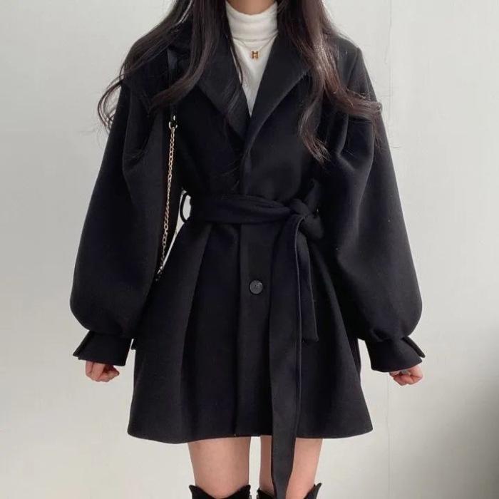 Korean Chic Autumn/Winter Hepburn Wool Coat - Women s Mid-Length Suit Collar Petite Style. XL