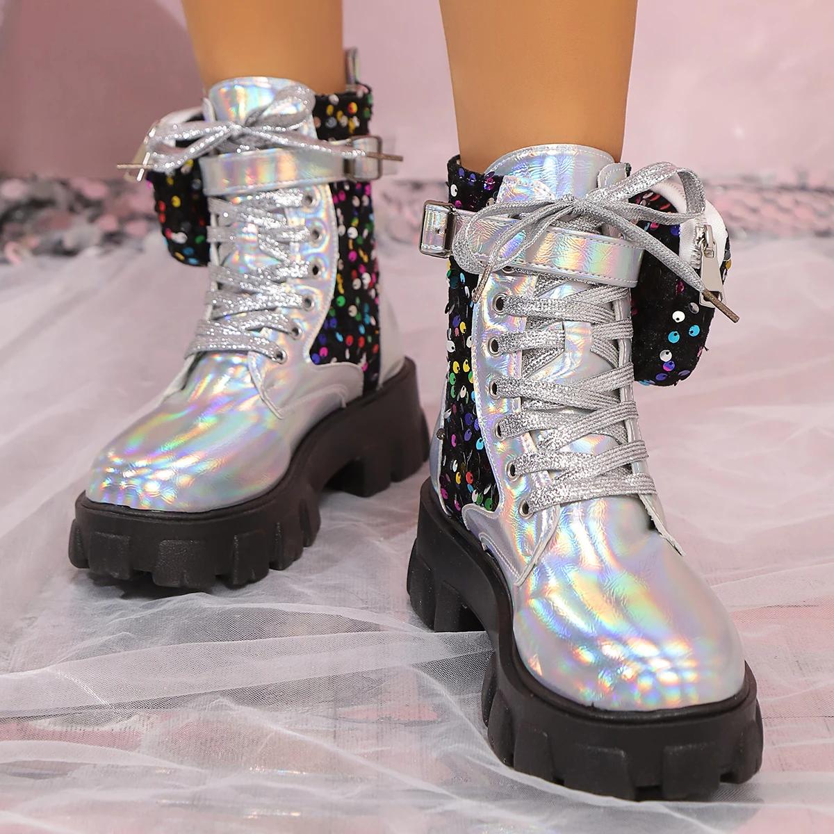 

2024 Осінь Зима Нові модні черевики з кишеньковим дизайном Розкішне взуття Жіноче взуття на платформі з паєтками Жіночі короткі черевики для збільшення висоти 43