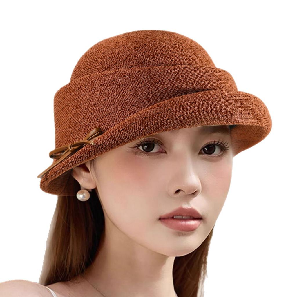Elegant curled top hat women's spring and summer new sunscreen breathable advanced sense basin hat fashionable face small sun hat hollow